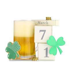 Glass of beer, gingerbread cookie and calendar with date of St. Patrick's Day on white background