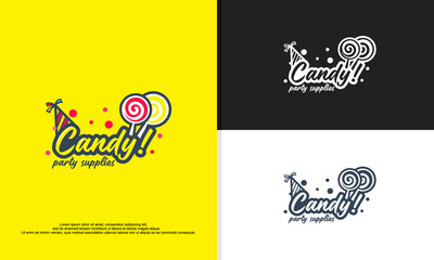 candy on stick. Text logo lettering for sweet candy dessert for kids. Hand drawn vector illustration for your design. kids party suppliers logo.