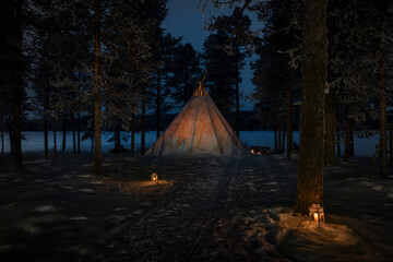 Unique travel experience of camping in a Kota bell tent in the forest in a winter wonderland snow...