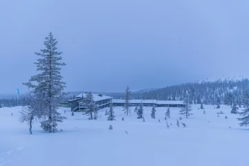 Gordijnen Luxury hotel accommodation in bleak, remote, minimalist winter wonderland snow covered Christmas landscape with icy trees in Lapland, Finland, Arctic Circle, Europe © Matthew