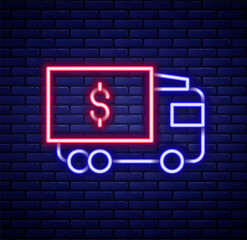 Glowing neon line Armored truck icon isolated on brick wall background. Colorful outline concept. Vector