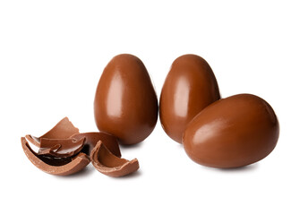 Delicious chocolate Easter eggs on white background