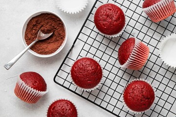 Red velvet muffins on a white background. Homemade cupcakes. Valentine day present.
