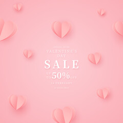 Valentine's day sale promotion banner template. Design for advertising, background, banner, social media, poster, flyer. Vector in paper cut style.