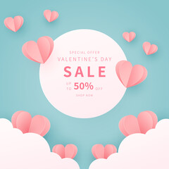 Valentine's day sale promotion banner template. Design for advertising, background, banner, social media, poster, flyer. Vector in paper cut style.