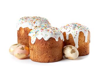 Delicious Easter cakes and eggs on white background