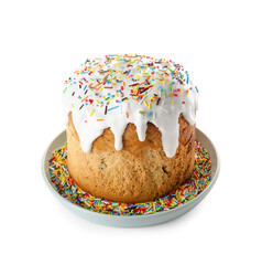 Plate with delicious Easter cake on white background