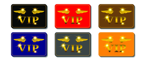 VIP card template. Six cards of different colors with a golden inscription and wings on a white background, vector illustration