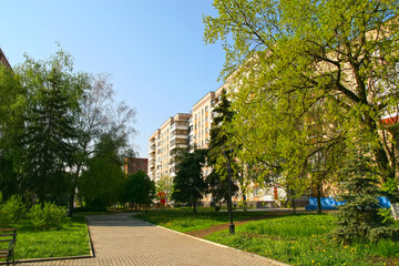 City yard in spring. Houses and alleys surrounded by young spring greenery.