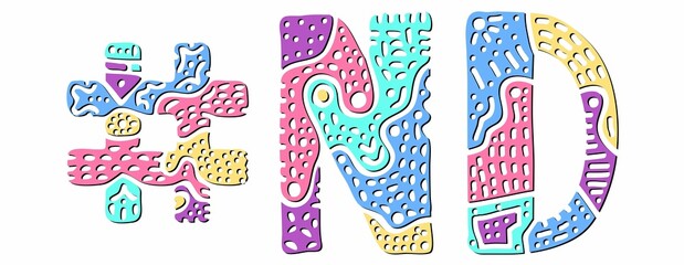 ND Hashtag. Multicolored bright isolate curves doodle letters. Hashtag #ND is abbreviation for the US American state North Dakota for social network, web resources, mobile apps.
