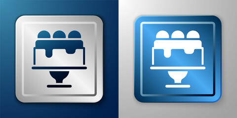 White Cake icon isolated on blue and grey background. Happy Birthday. Silver and blue square button. Vector
