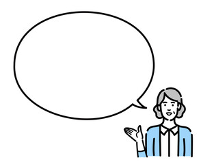 吹き出しで説明するシニアの女性
