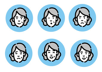シニアの女性の表情のアイコンのセット
