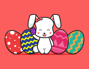 Cute rabbit character holding colorful egg cartoon vector icon illustration