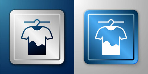 Fototapeta premium White Drying clothes icon isolated on blue and grey background. Clean shirt. Wash clothes on a rope with clothespins. Clothing care and tidiness. Silver and blue square button. Vector