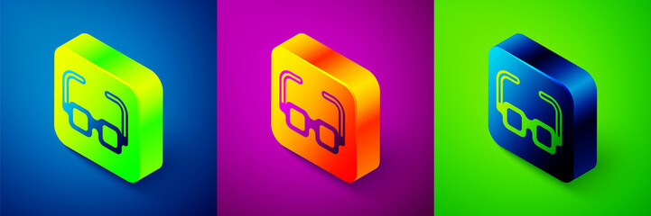 Isometric Glasses icon isolated on blue, purple and green background. Eyeglass frame symbol. Square button. Vector