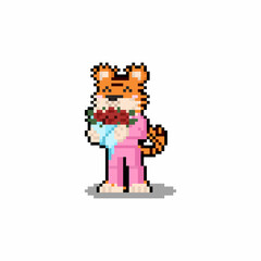 Pixel art valentine tiger character holding a bouquet of red rose.