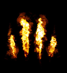 Four fire jets isolated on black, flame with smoke