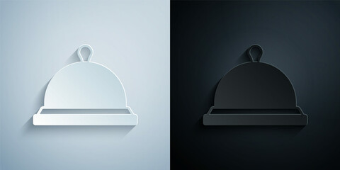 Paper cut Covered with a tray of food icon isolated on grey and black background. Tray and lid sign. Restaurant cloche with lid. Paper art style. Vector