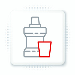 Line Mouthwash plastic bottle and glass icon isolated on white background. Liquid for rinsing mouth. Oralcare equipment. Colorful outline concept. Vector