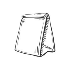 Delivery bag sketch. Paper Bag for Grocery Shopping. Packaging for breakfast. Vector hand drawn illustration