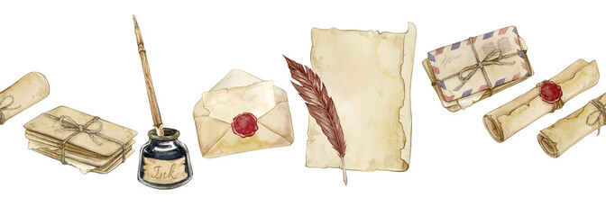Watercolor seamless border: letters, feather pen and inkwell, old paper and scrolls isolated on a white.