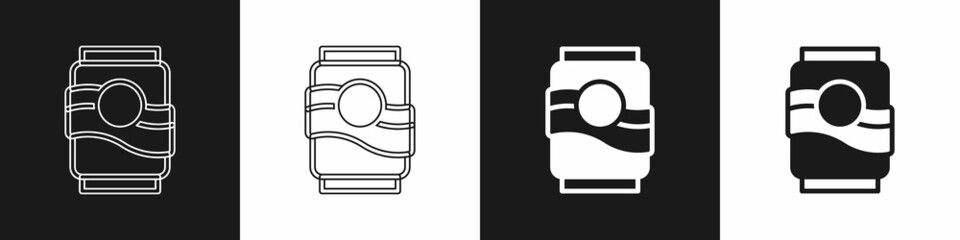 Set Soda can icon isolated on black and white background. Vector