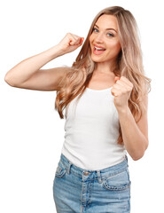 Young casual woman over isolated white background celebrating a victory