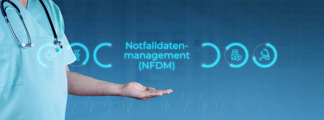 Notfalldatenmanagement (NFDM). Arzt streckt Hand aus. Interface mit Text und Icons. Medizin digital