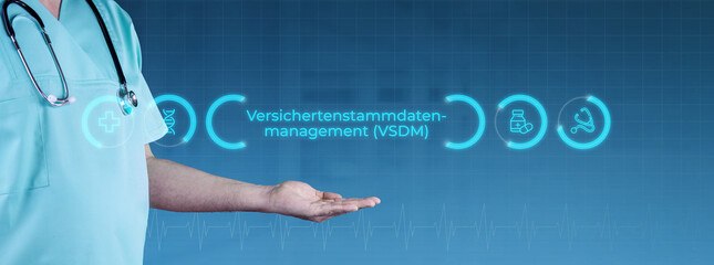 Versichertenstammdatenmanagement (VSDM). Arzt streckt Hand aus. Interface mit Text und Icons....