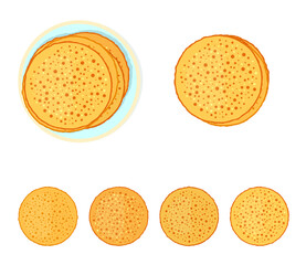 Pancakes are thin in assortment, stacked on top of each other, pancakes one by one, a set. Vector illustration, flat cartoon color design, isolated on white background, eps 10.