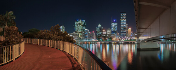 Panoramic Photo of the Reflection of Brisbane City Skyline at Night in Brisbane River, Queensland, Australia