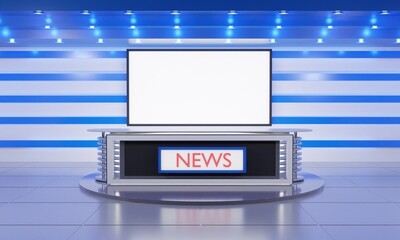 table and lcd background in a news studio room.3d rendering.	

