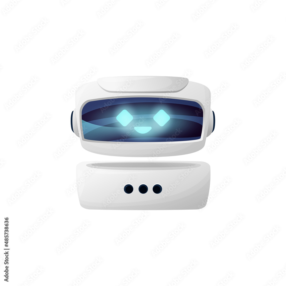 Poster chatbot helper with glowing eyes and smile isolated robot online assistant. vector robot with digita