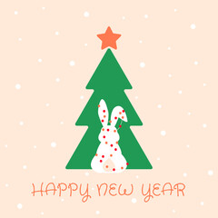 Happy new year greeting card, poster, with cute, sweet bunny silhouette on christmas tree background