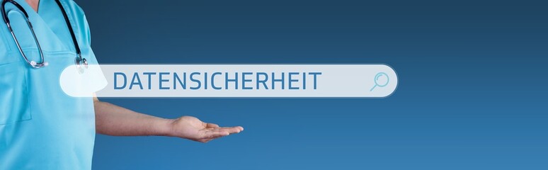 Datensicherheit (Patientendaten). Arzt streckt Hand aus. Browser Suche mit Text schwebt darüber....