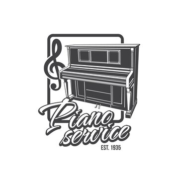 Piano service icon. Classic keyboard stringed musical instruments repair and tuning service monochrome vector icon or retro emblem with vintage upright piano, music treble clef and typography