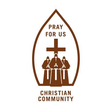 Christian community icon of Christianity, religion, Christian church or ministry vector design. Cross symbol of faith or Jesus Christ with brown silhouettes of praying people, isolated religious sign