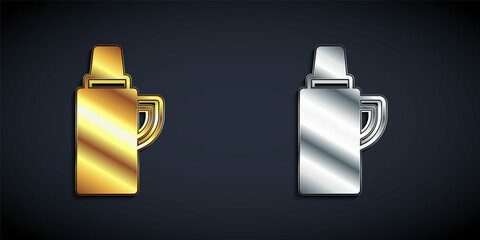 Gold and silver Thermos container icon isolated on black background. Thermo flask icon. Camping and hiking equipment. Long shadow style. Vector