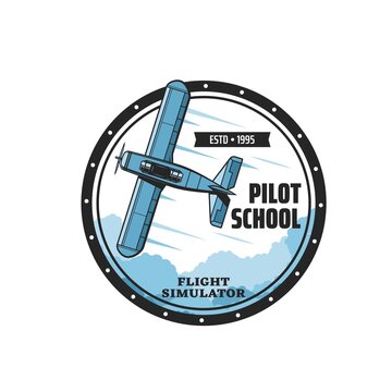 Pilot school flight simulator icon. Flying club round emblem or retro sticker, pilot academy or training center vector symbol with vintage propeller monoplane airplane, old aircraft flying in sky