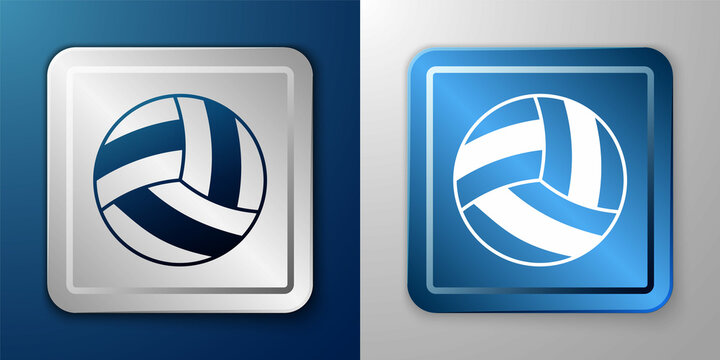 White Volleyball ball icon isolated on blue and grey background. Sport equipment. Silver and blue square button. Vector