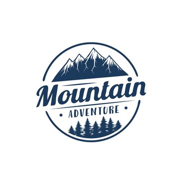 Mountain climbing round icon. Hiking in mountains, climbing expedition or trekking adventure vintage vector symbol, emblem or stickers with mountain snowy peaks and spruce forest silhouettes