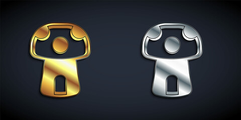 Gold and silver Fantasy mushroom house icon isolated on black background. Fairytale house. Long shadow style. Vector