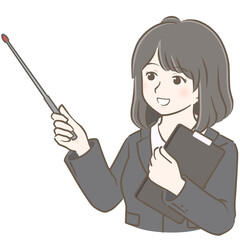 指示棒を持ってほほえむスーツの若い女性