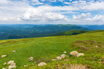 Fototapeta na wymiar green summer landscape in mountains. outdoor scenery with blue sky and clouds. beautiful nature backgroun on a sunny day. stones on the grassy hill