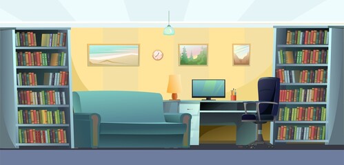 Office for work and study. Work desk with armchair and PC computer. Sofa book shelves. Cozy room. Cartoon funny style Horizontal illustration. Vector