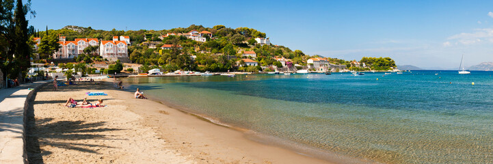 Panoramic photo of Kolocep Beach on Kolocep Island (Kalamota), Elaphiti Islands, Dalmatian Coast, Croatia - obrazy, fototapety, plakaty
