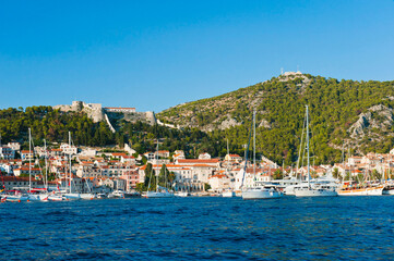 Fototapeta na wymiar Hvar Town, seen from the Mediterranean Sea, Hvar Island, Dalmatian Coast, Croatia