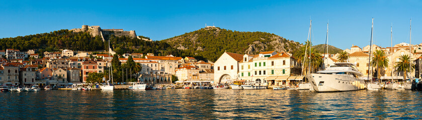 Obraz premium Hvar Town panorama, seen from the Mediterranean Sea, Hvar Island, Dalmatian Coast, Croatia