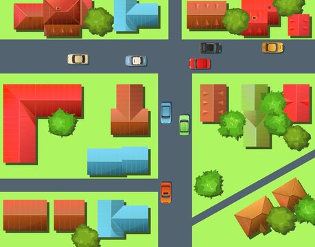 City street. Fragment of small town. Top View from above. Cartoon cute style illustration. Cars drive along asphalt road and trees. Vector